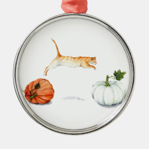 Orange Cat Jumping Between Pumpkins Metal Ornament
