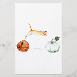 Orange Cat Jumping Between Pumpkins Stationery