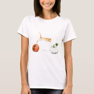Orange Cat Jumping Between Pumpkins T-Shirt