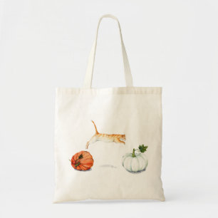 Orange Cat Jumping Between Pumpkins Tote Bag