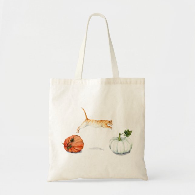 Orange Cat Jumping Between Pumpkins Tote Bag (Front)