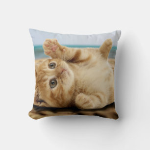Orange cat lying on the sand throw pillow