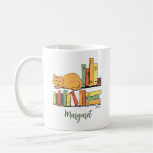 Orange Cat on Bookshelf Hand Drawn Cute Library  Coffee Mug