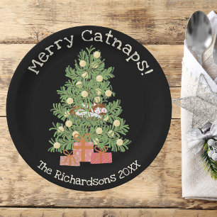 Orange Cat on Chistmas Tree Merry Catnaps! Black Paper Plate