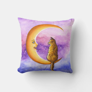 Orange Cat on Moon 673 Throw Pillow