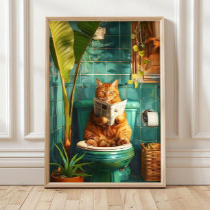 Orange Cat on Toilet Bathroom Print Toilet Wall