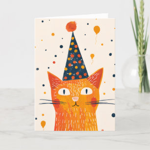 Orange Cat Party Hat Birthday Greeting Card