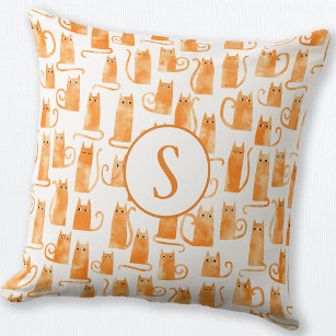 Orange Cat Pattern Monogram Throw Pillow