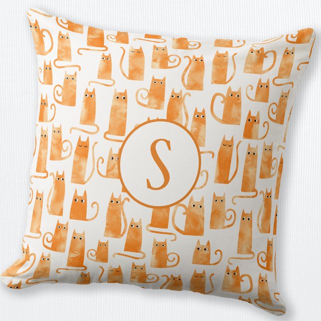 Orange Cat Pattern Monogram Throw Pillow (Monogram personalized orange ginger cat throw pillow)