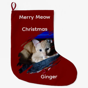 Orange Cat Photo Text Customize Large Christmas Stocking