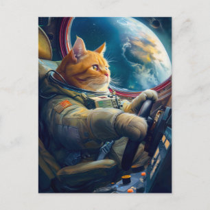 Orange cat piloting spacecraft in orbit holiday postcard
