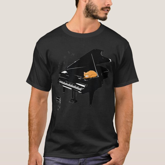 Orange Cat Playing Piano Music Lover Funny T-Shirt (Front)