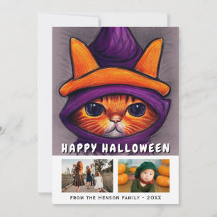Orange Cat Purple Witch Hat 2 Photos Halloween Holiday Card