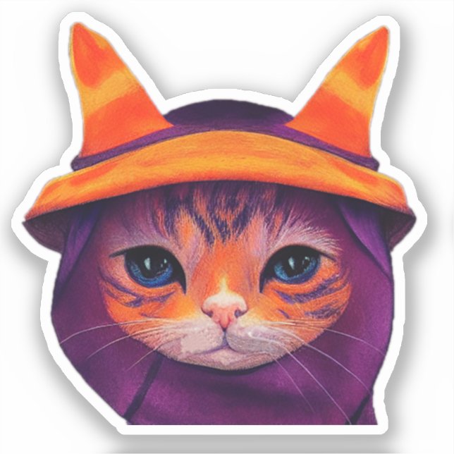 Orange Cat Purple Witch Hat Fantasy Halloween  (Front)