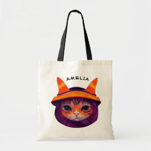 Orange Cat Purple Witch Hat Fantasy Halloween  Tote Bag