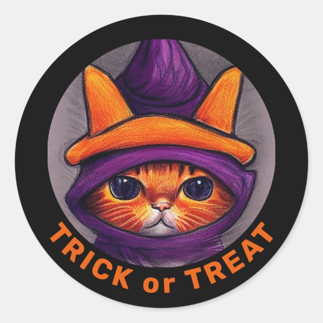 Orange Cat Purple Witch Hat Trick Treat Halloween  Classic Round Sticker (Front)