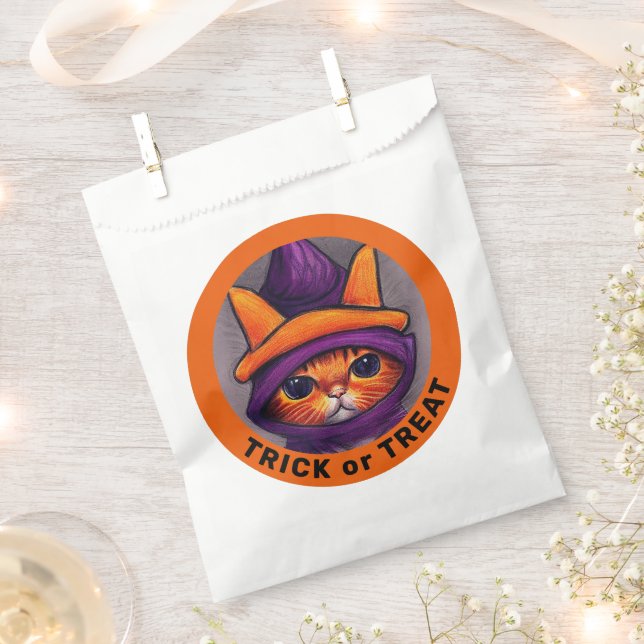 Orange Cat Purple Witch Hat Trick Treat Halloween Favour Bag (Clipped)