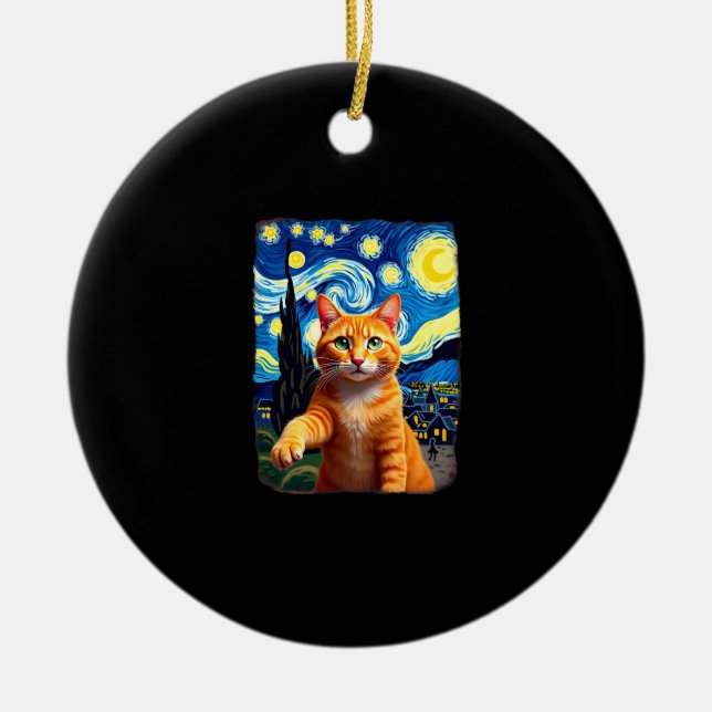 Orange Cat Selfie  Starry Night Cat Mom Cat Lovers Ceramic Ornament (Front)