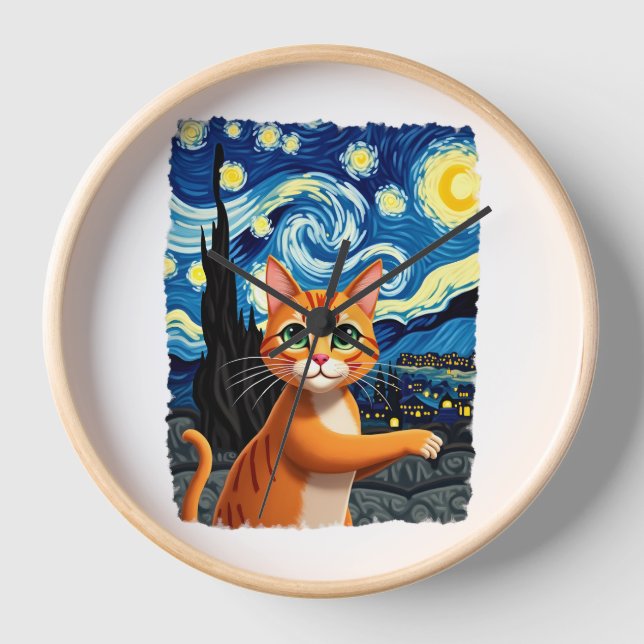 Orange Cat Selfie  Starry Night Cat Mom Cat Lovers Clock (Front)
