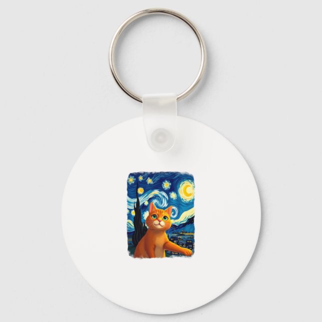 Orange Cat Selfie  Starry Night Cat Mom Cat Lovers Keychain (Front)
