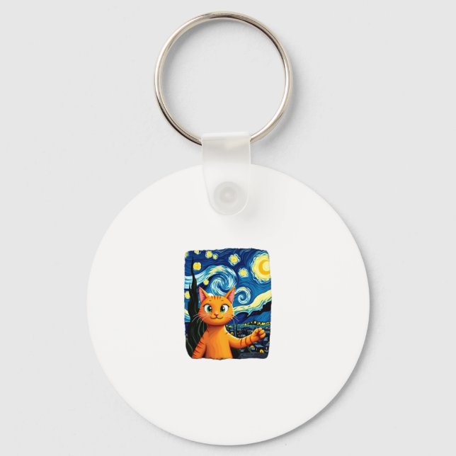 Orange Cat Selfie  Starry Night Cat Mom Cat Lovers Keychain (Front)