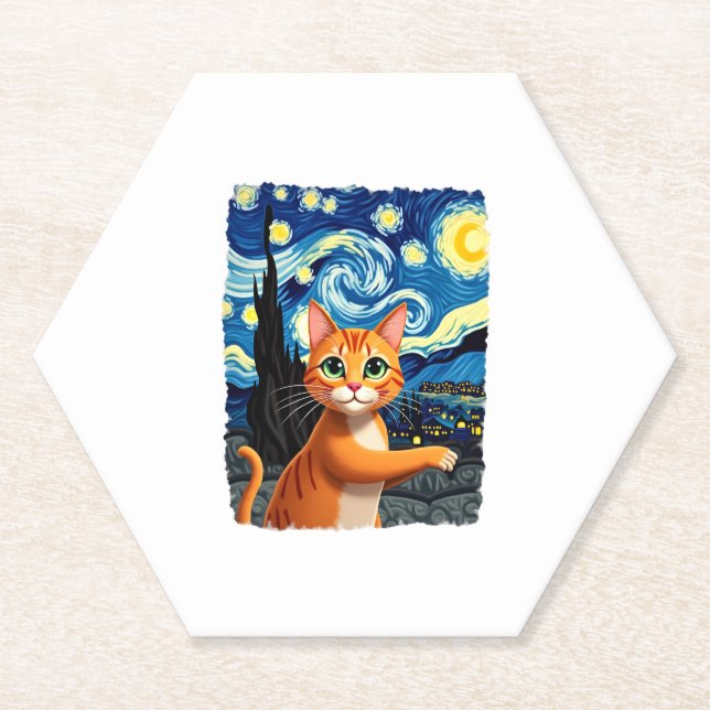 Orange Cat Selfie  Starry Night Cat Mom Cat Lovers Paper Coaster (Front)