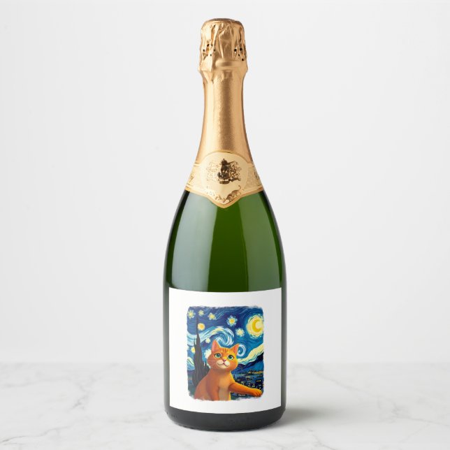 Orange Cat Selfie  Starry Night Cat Mom Cat Lovers Sparkling Wine Label (Front)