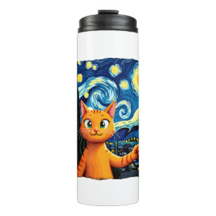 Orange Cat Selfie  Starry Night Cat Mom Cat Lovers Thermal Tumbler