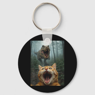 Orange Cat Selfie with T-Rex Dinosaur Funny Men Keychain