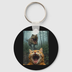 Orange Cat Selfie with T-Rex Dinosaur Funny Men Keychain