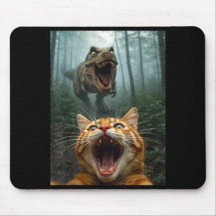 Orange Cat Selfie with T-Rex Dinosaur Funny Men Mouse Pad