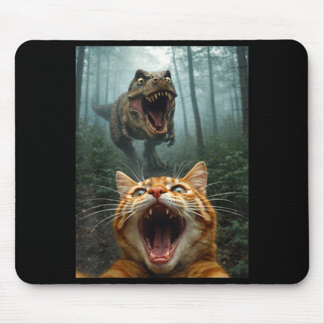 Orange Cat Selfie with T-Rex Dinosaur Funny Men Mouse Pad (Front)