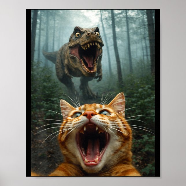 Orange Cat Selfie with T-Rex Dinosaur Funny Men Poster (Front)