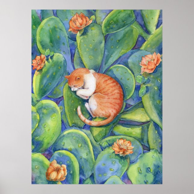 Orange Cat Sleeping Among Blooming Cacti Fine Art Poster (Front)