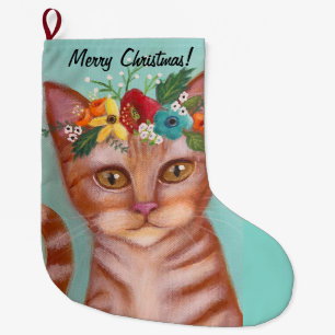 Orange Cat Whimsical Art Large Christmas Stocking