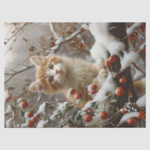 Orange Cat Winter Berries Vintage Decoupage Tissue Paper