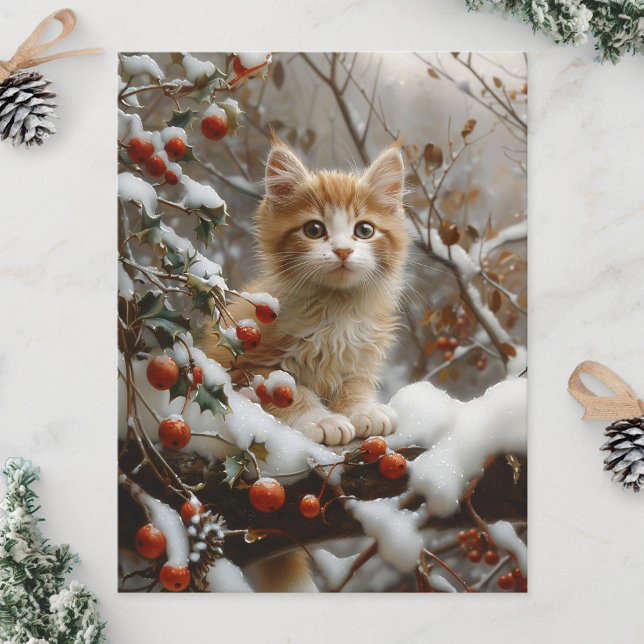 Orange Cat Winter Berries Vintage Postcard (Creator Uploaded)