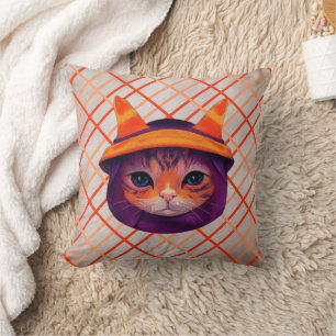 Orange Cat Witch Hat Trick or Treat Halloween Throw Pillow