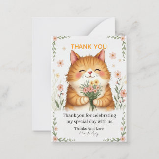 Orange Cat with a Bouquet of Flowers Thank You Card