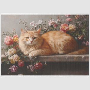 Orange Cat with Antique Flowers Painting Decoupage Tissue Paper