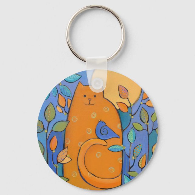 Orange Cat with Bird by Sue Davis Keychain (Front)