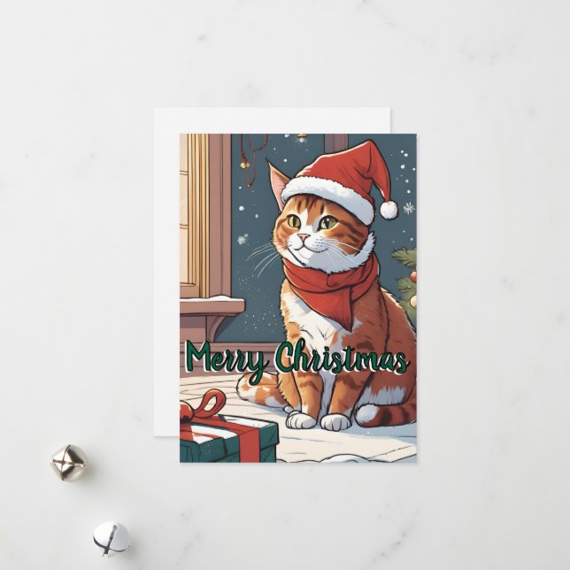 Orange cat with Christmas hat cute animal pet Holiday Card (Front/Back In Situ)