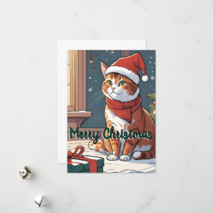 Orange cat with Christmas hat cute animal pet Holiday Card