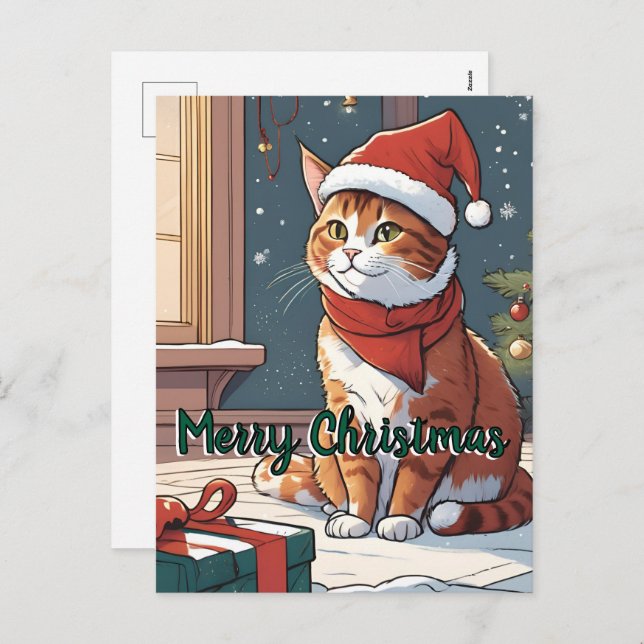 Orange cat with Christmas hat cute animal pet  Holiday Postcard (Front/Back)