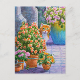 Orange Cat with Flower Pots Postcard