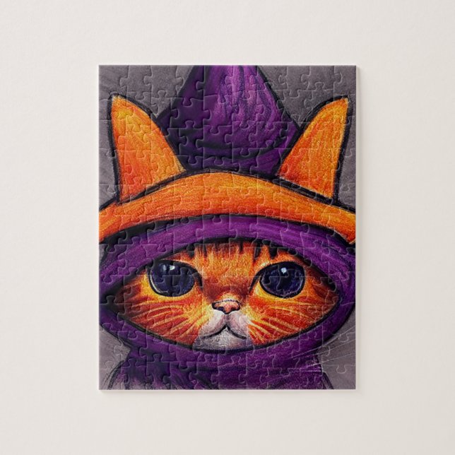 Orange Cat with Purple Witch Hat Drawing  Jigsaw Puzzle (Vertical)