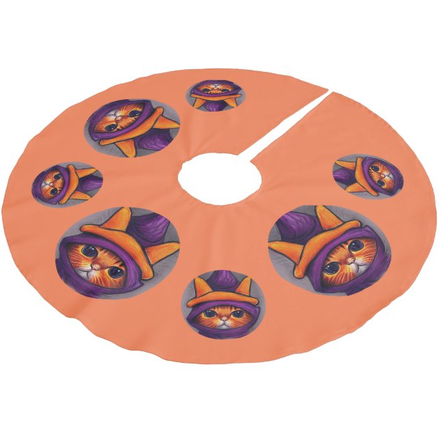 Orange Cat with Purple Witch Hat Halloween Brushed Polyester Tree Skirt (Angled)