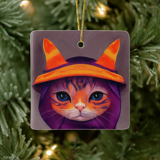 Orange Cat with Purple Witch Hat Halloween  Ceramic Ornament (Tree)