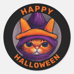 Orange Cat with Purple Witch Hat Halloween  Classic Round Sticker