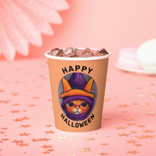 Orange Cat with Purple Witch Hat Halloween Party   Paper Cups (Insitu)